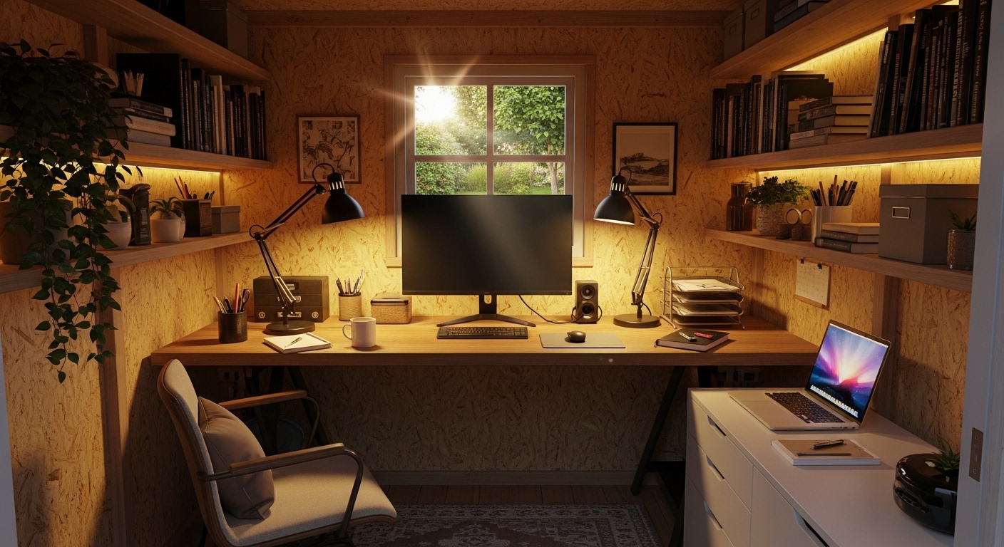 Shed home office interior with desk and warm lighting