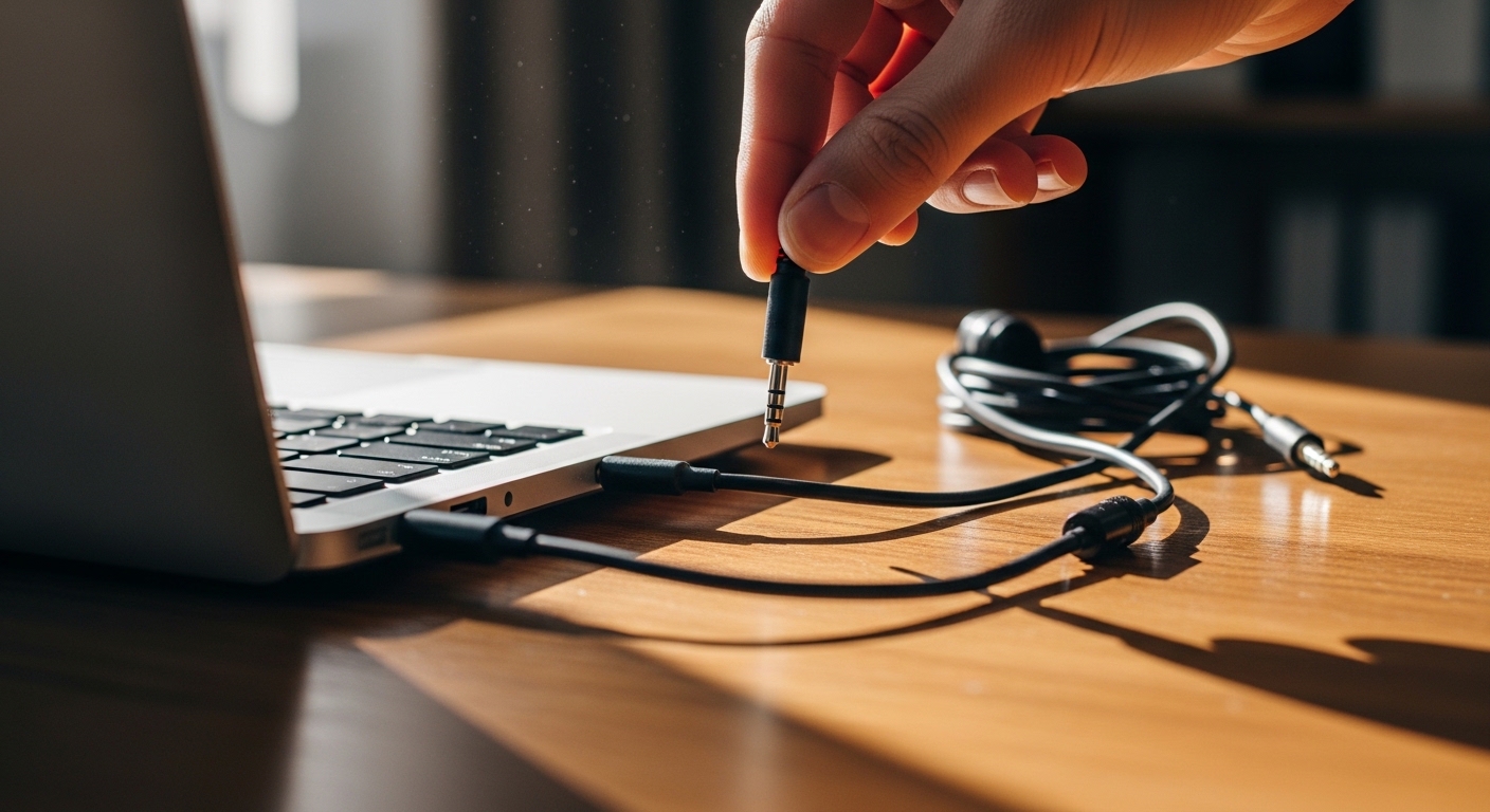 Jack 3.5mm dicolokkan ke laptop di meja kerja