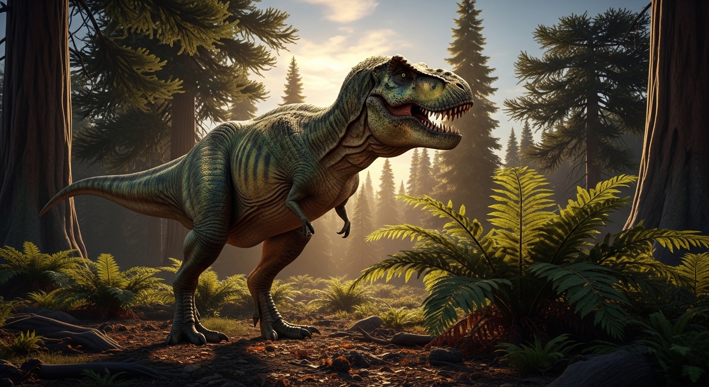T-rex di lanskap Kapur Akhir dengan lengan kecil terlihat