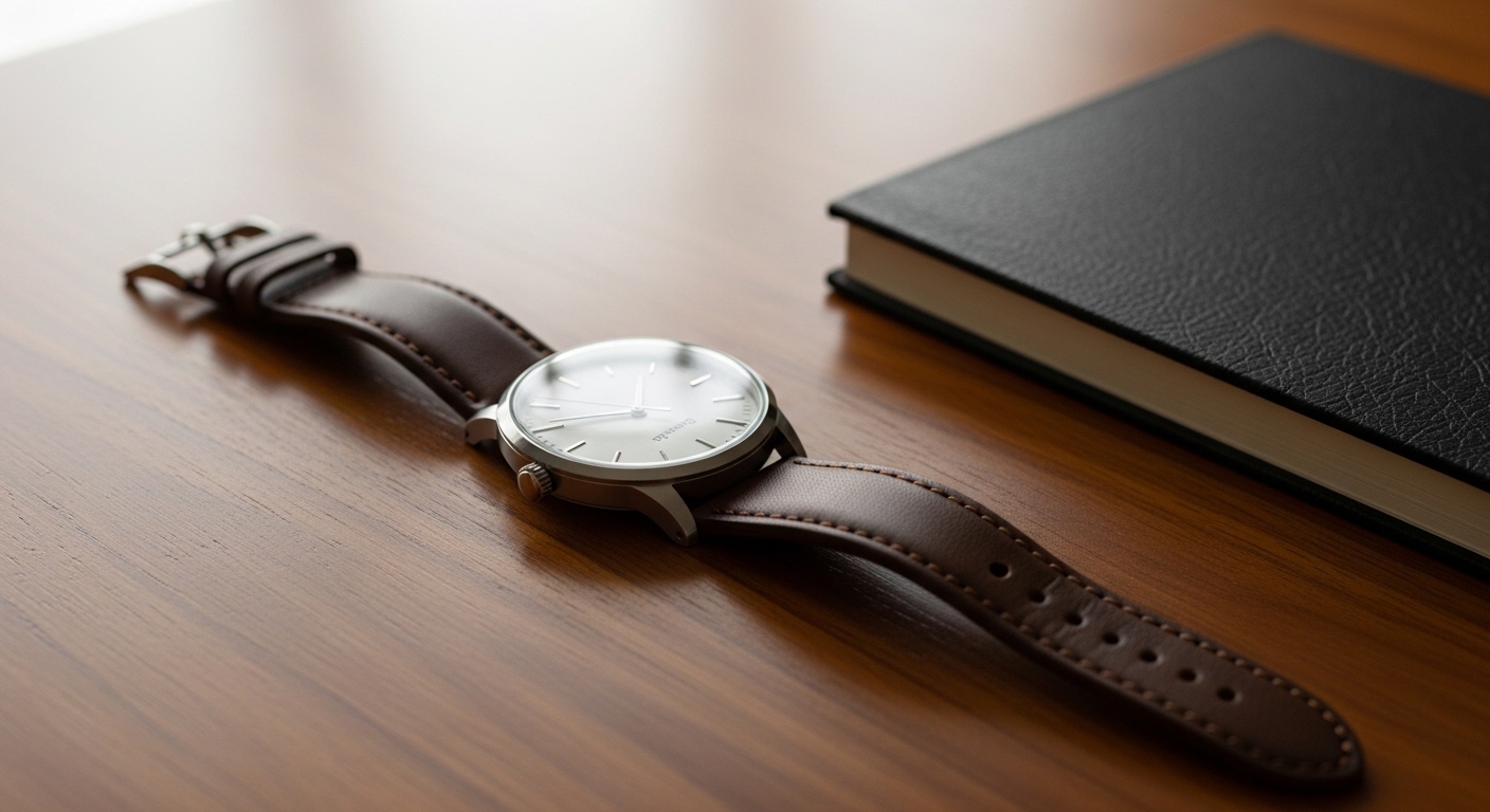 Analog wristwatch beside closed notebook on wood