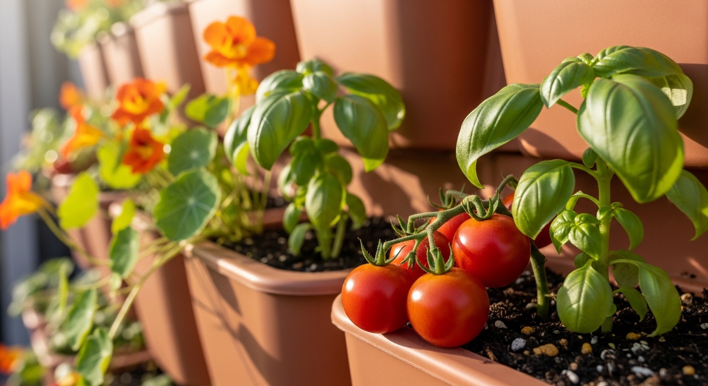 Close-up of vertical wall planter with cherry tomatoes, nasturtiums, and basil