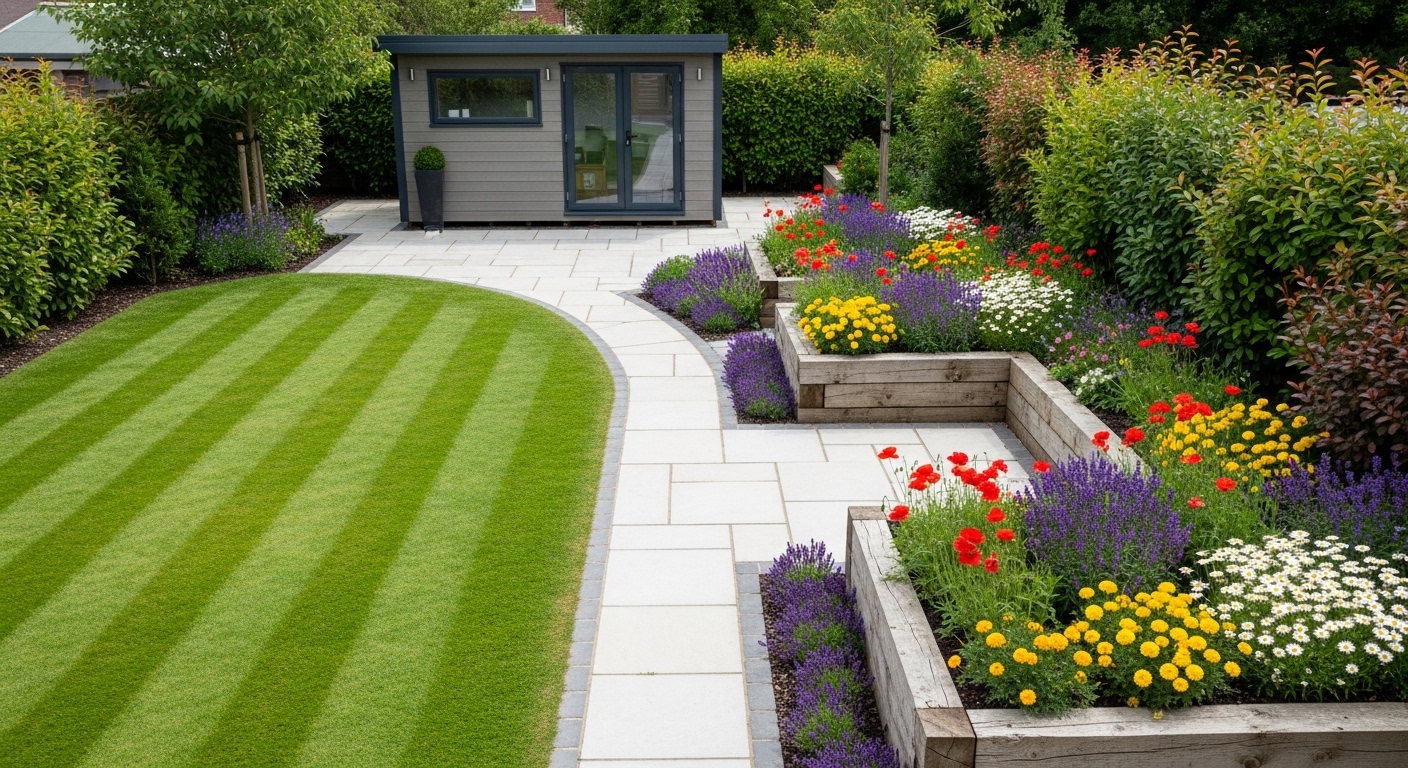 Overhead view of garden shed office placement in garden