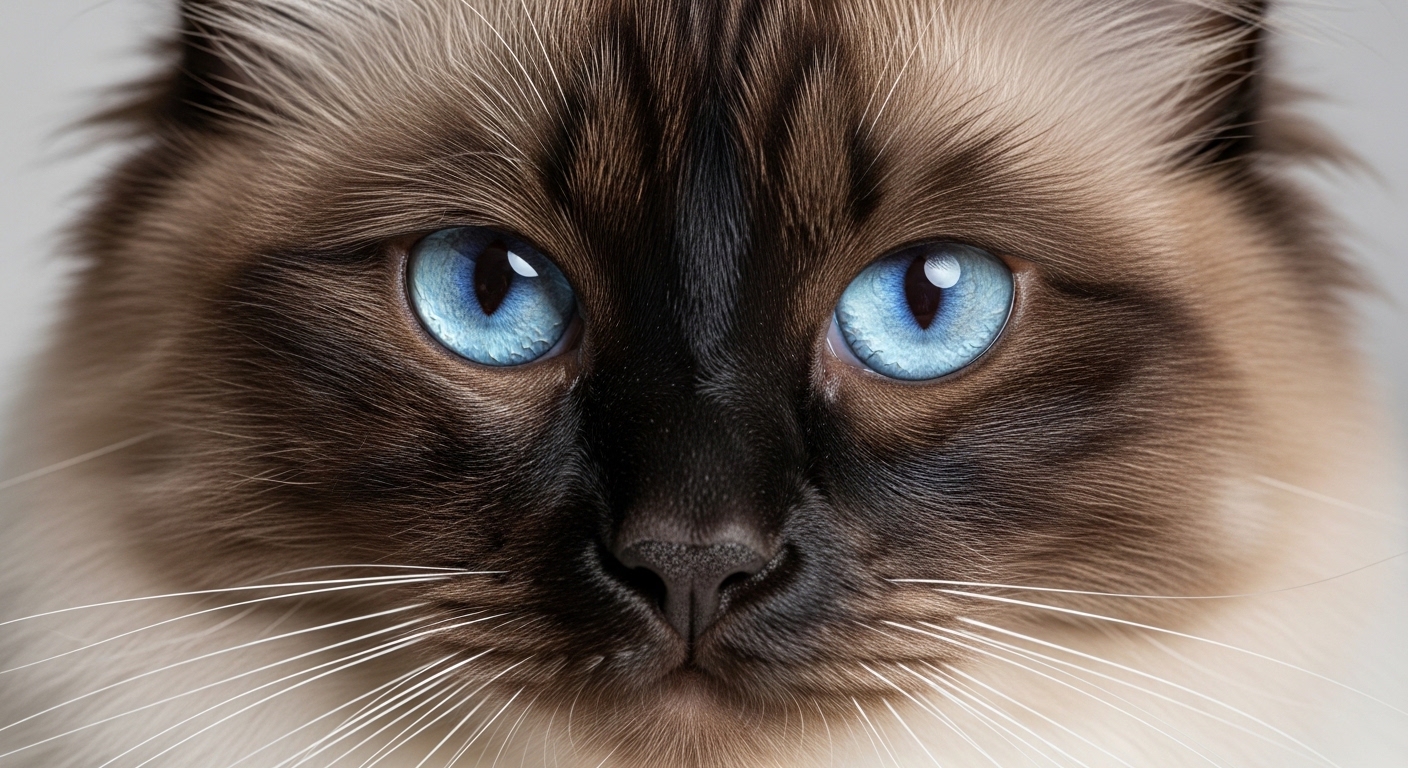 close-up of Ragdoll cat face with blue eyes