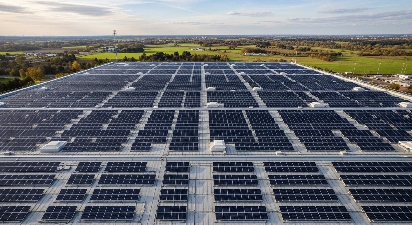Panneaux solaires sur le toit d'un data center vus du dessus