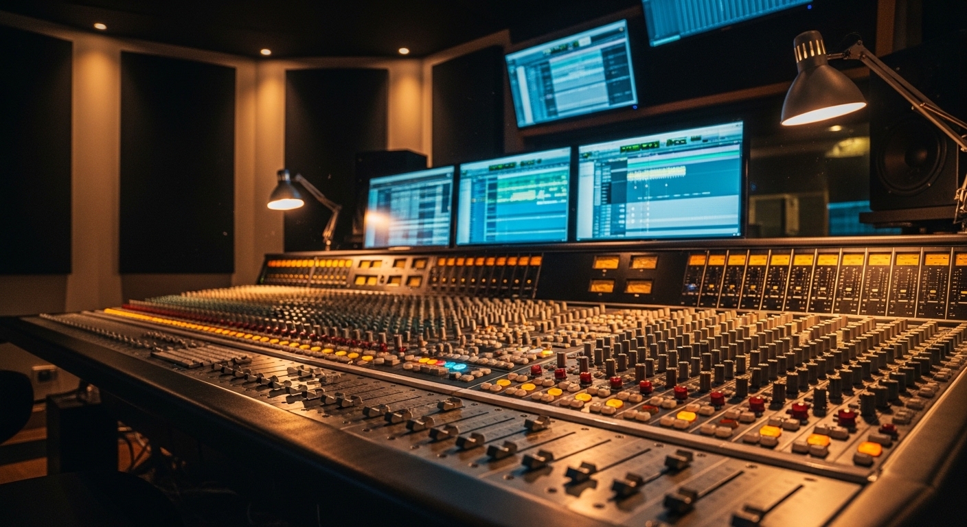 Professional audio mixing console with physical controls