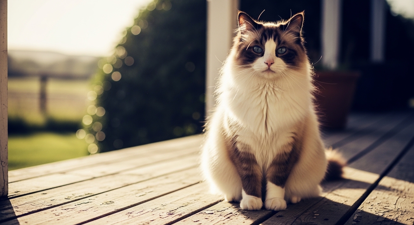 Ragdoll cat sitting on wooden porch in afternoon light