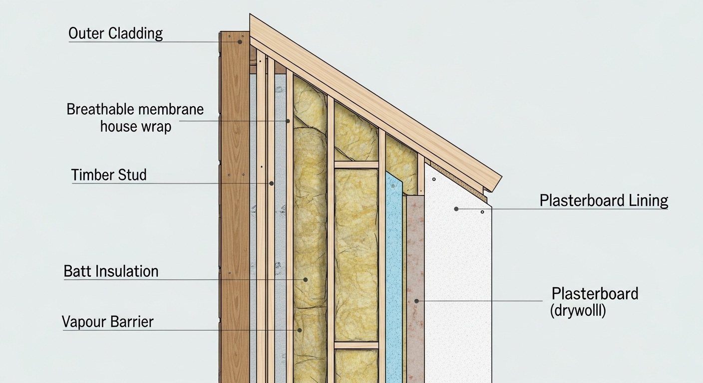 Cross-section diagram of shed wall insulation layers