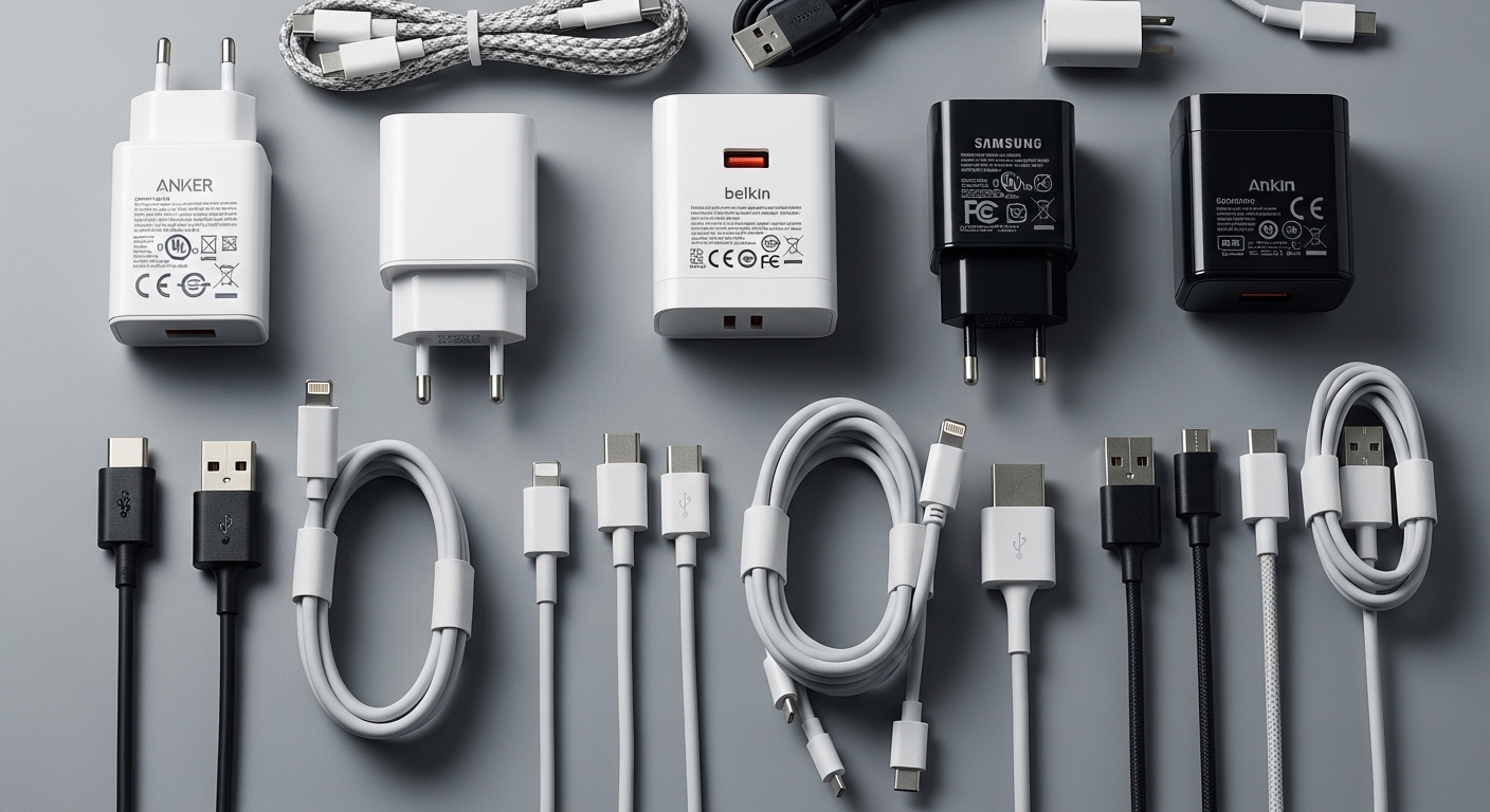Différents chargeurs de smartphones sur fond gris