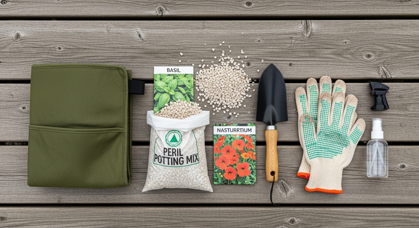 Flat-lay of vertical garden starter supplies on a weathered wooden deck