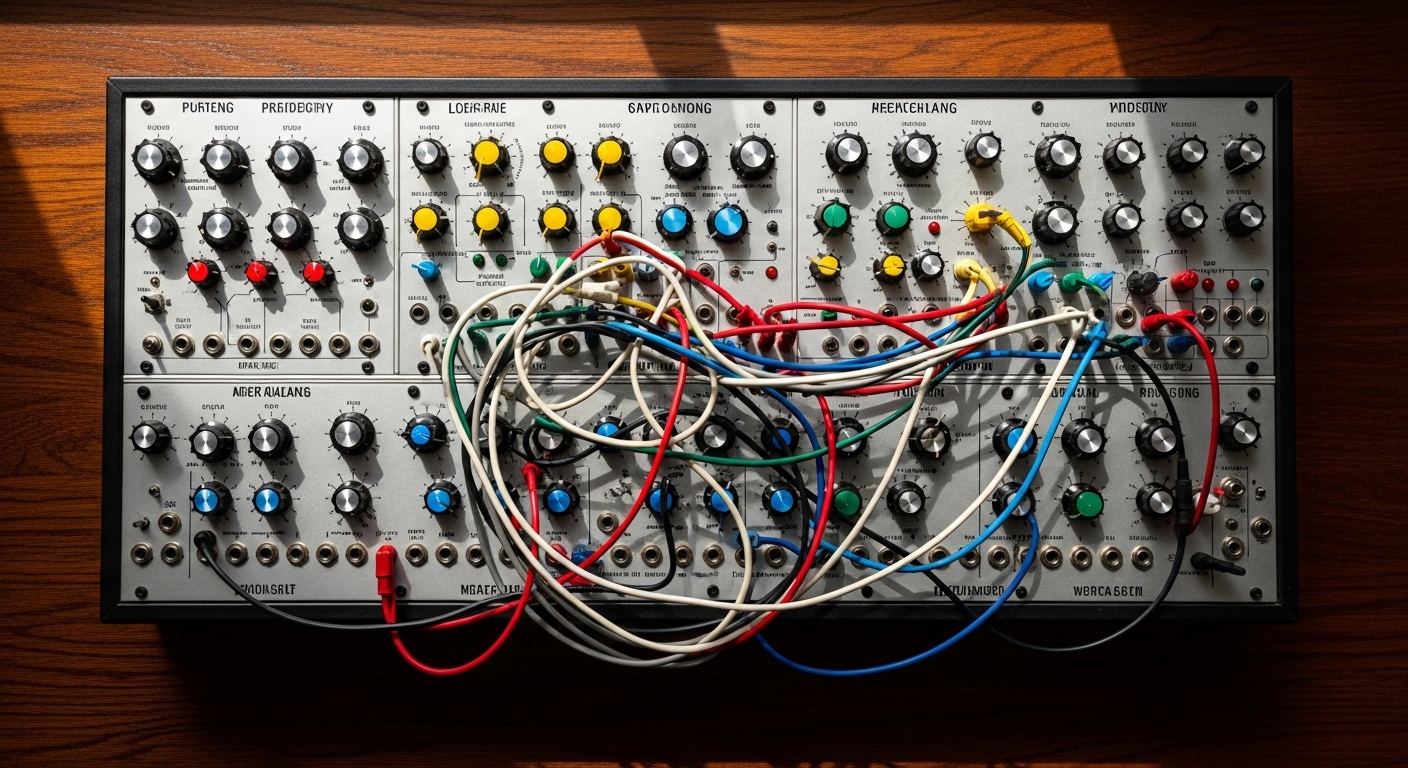 Vintage analog synthesizer overhead with knobs and cables