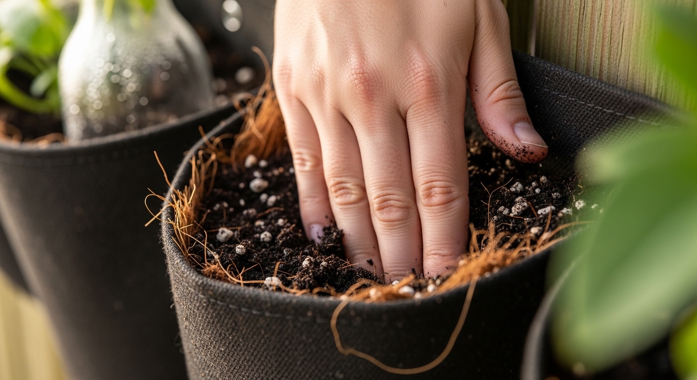 Hand checking soil moisture depth in a fabric pocket vertical planter