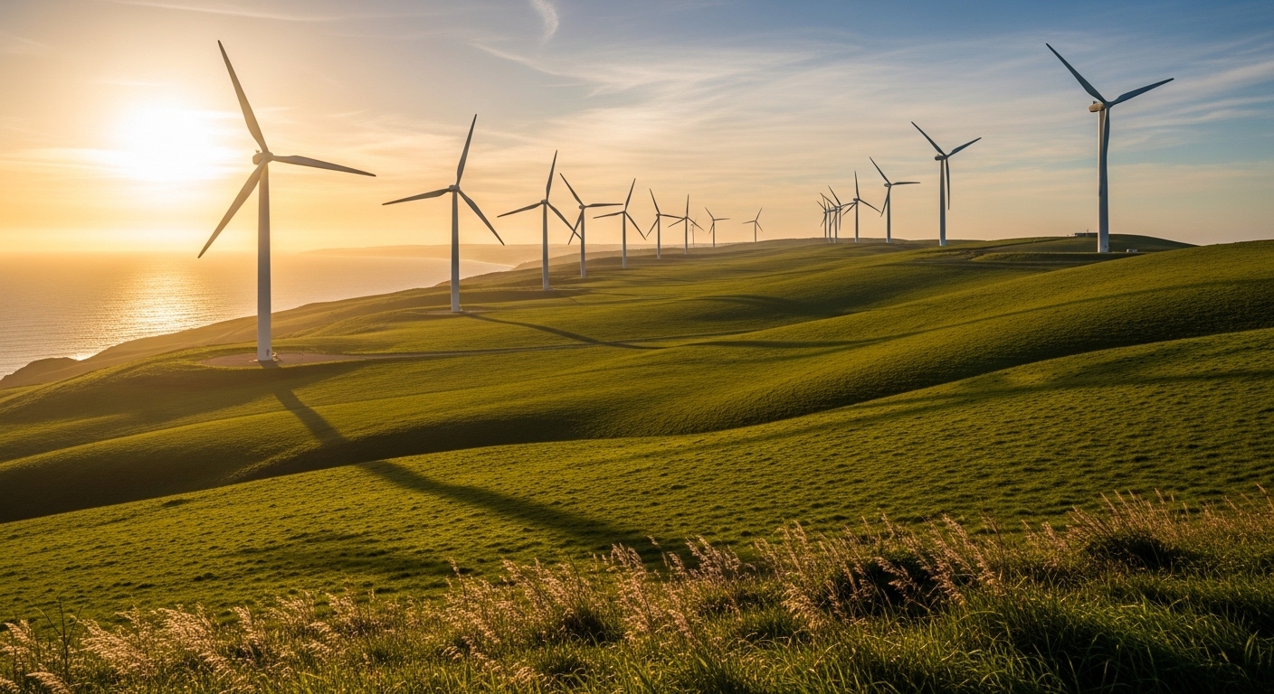 Wind turbines on coastal hillside at golden hour