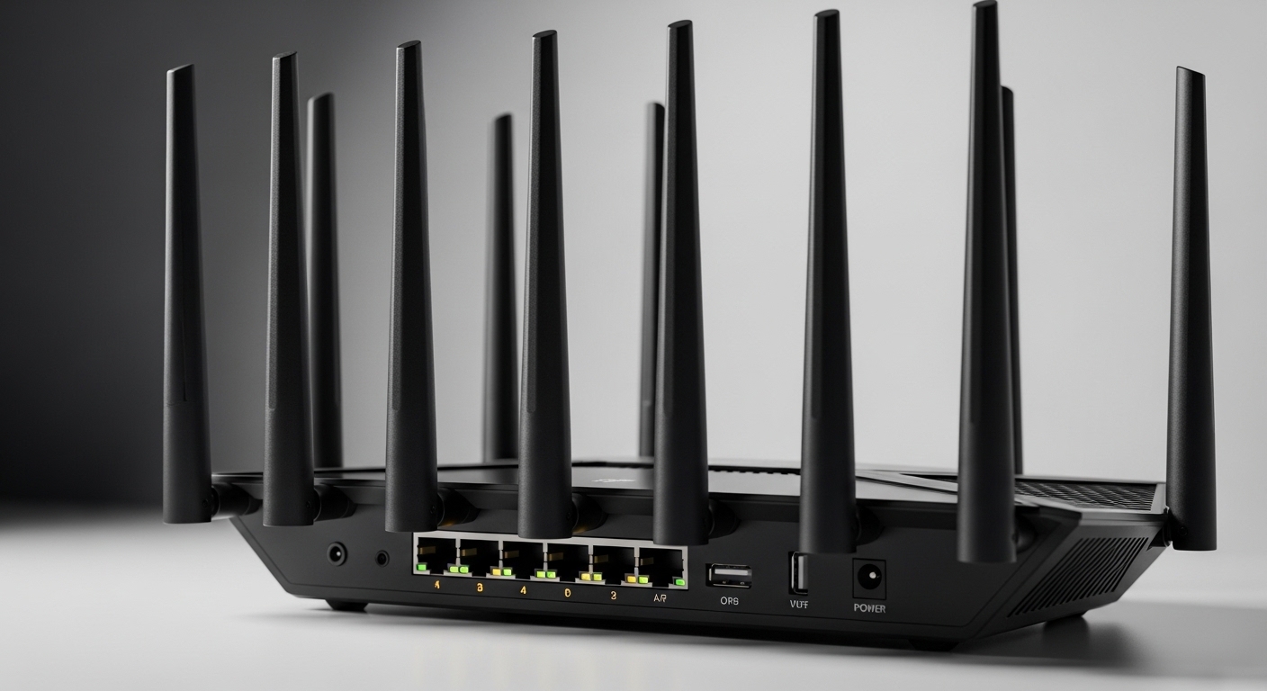 Detalhe das antenas de um roteador Wi-Fi 7 moderno