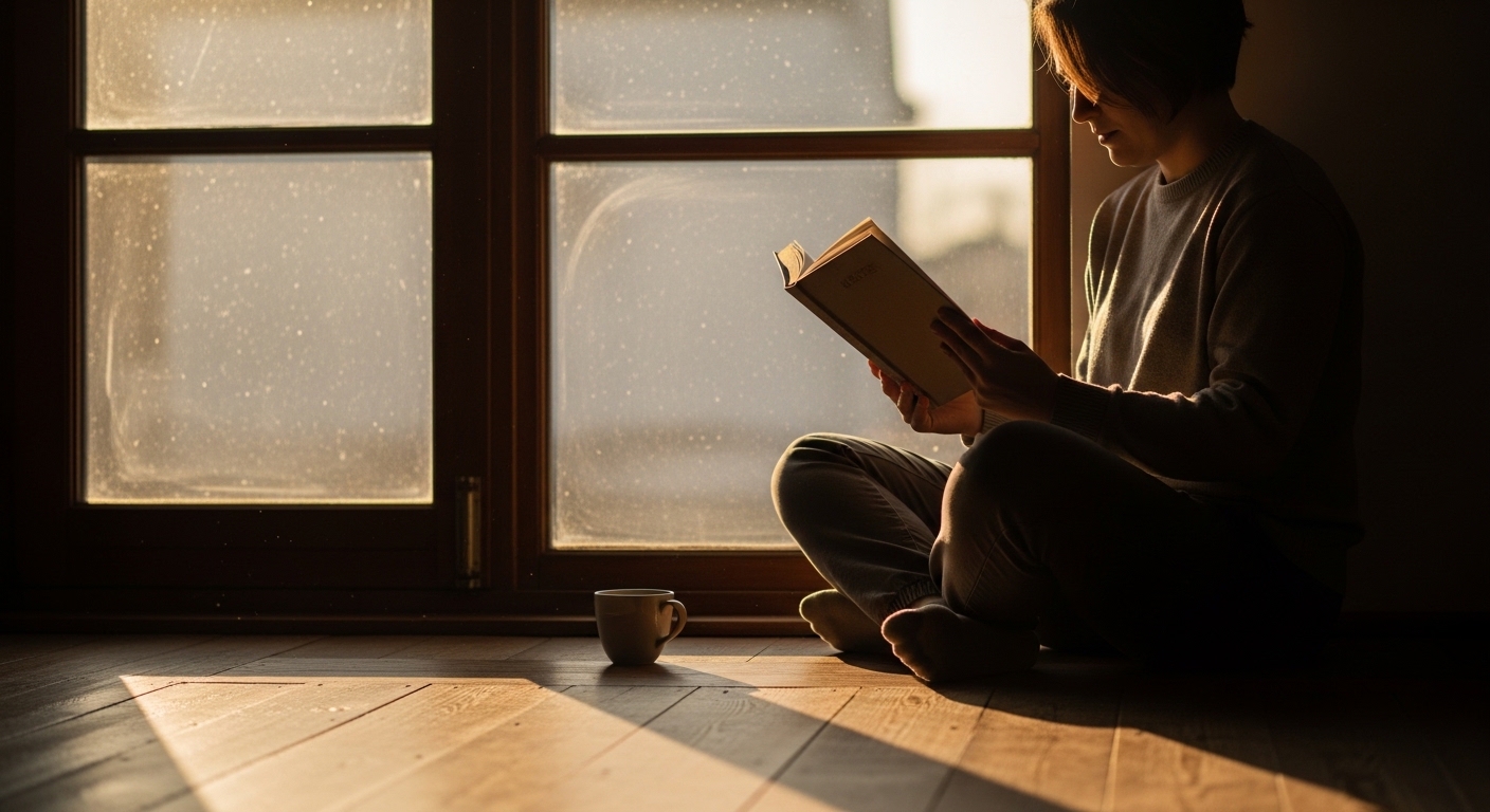 Person reading physical book by window without screens