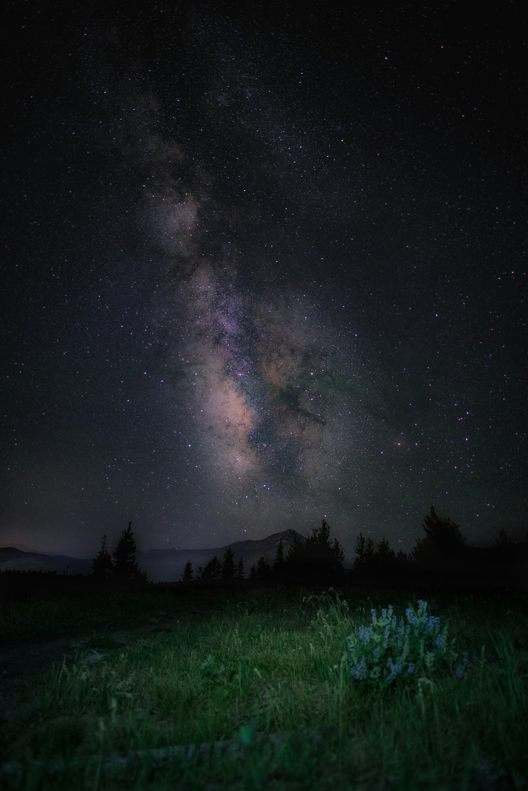 Milky Way arching over dark landscape at night