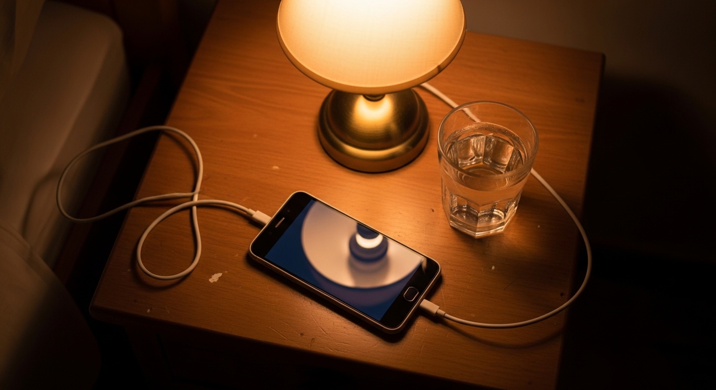 Smartphone en charge sur une table de nuit la nuit