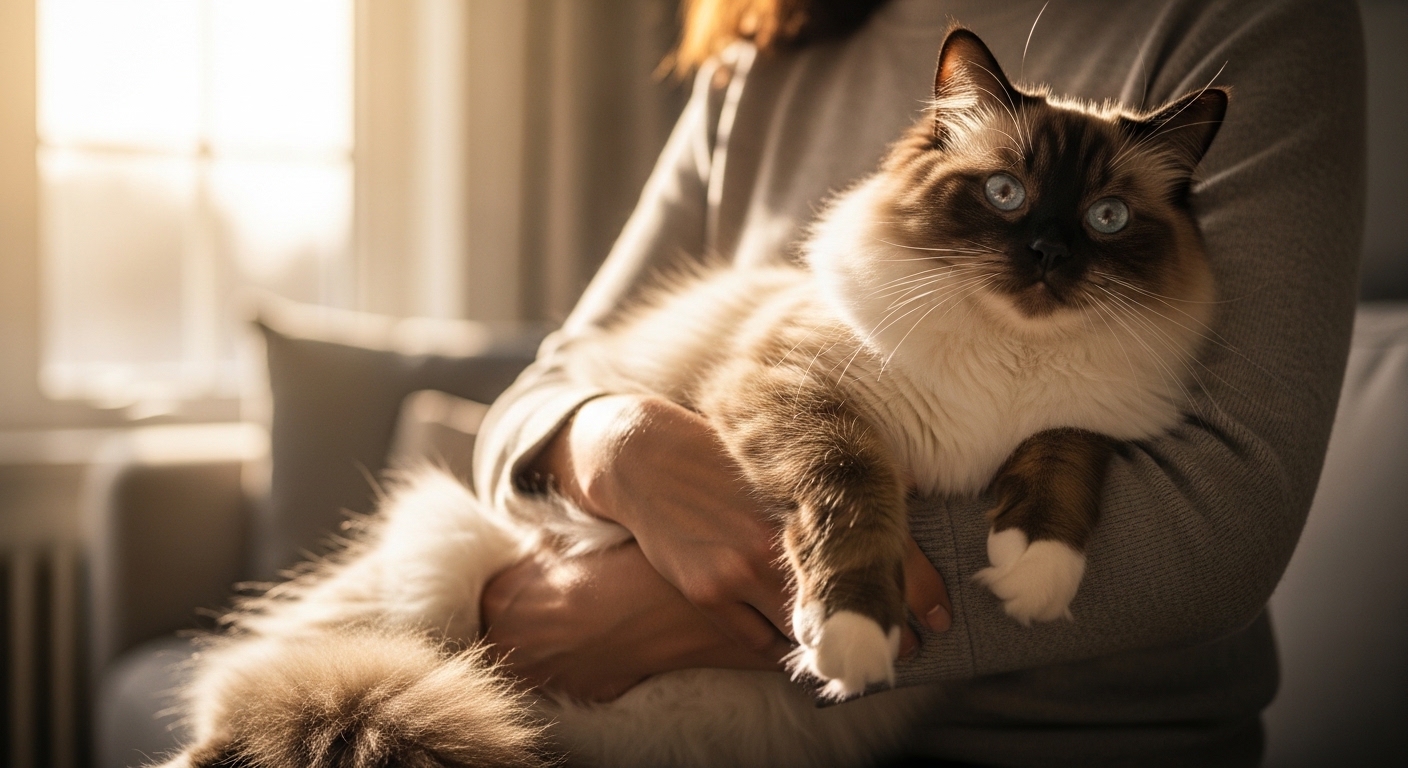Ragdoll cat lying relaxed in owner's arms indoors