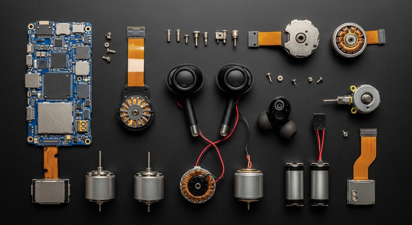 Overhead flat-lay of disassembled consumer electronics components