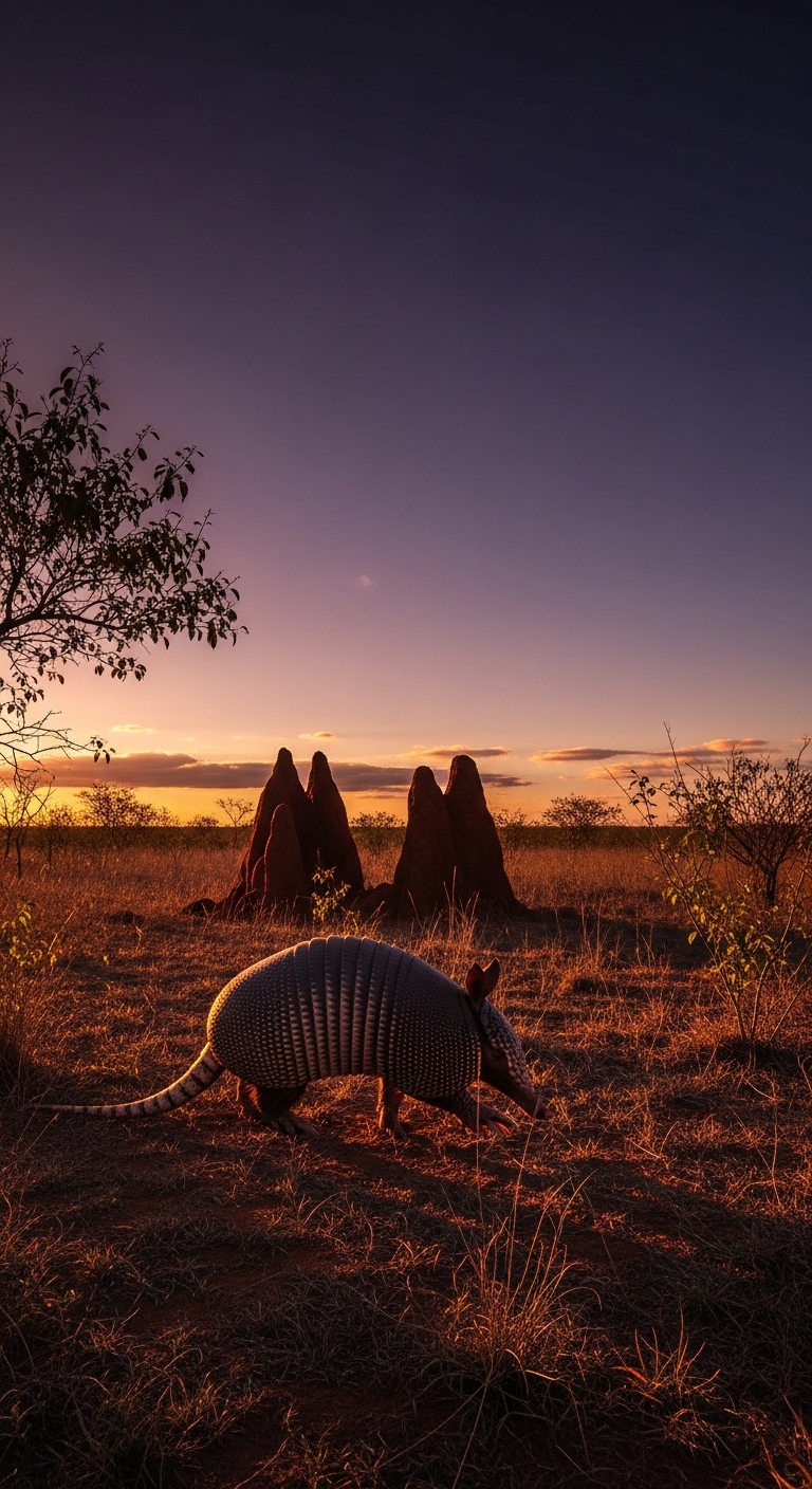 Silhueta de tatu-canastra no Cerrado ao entardecer