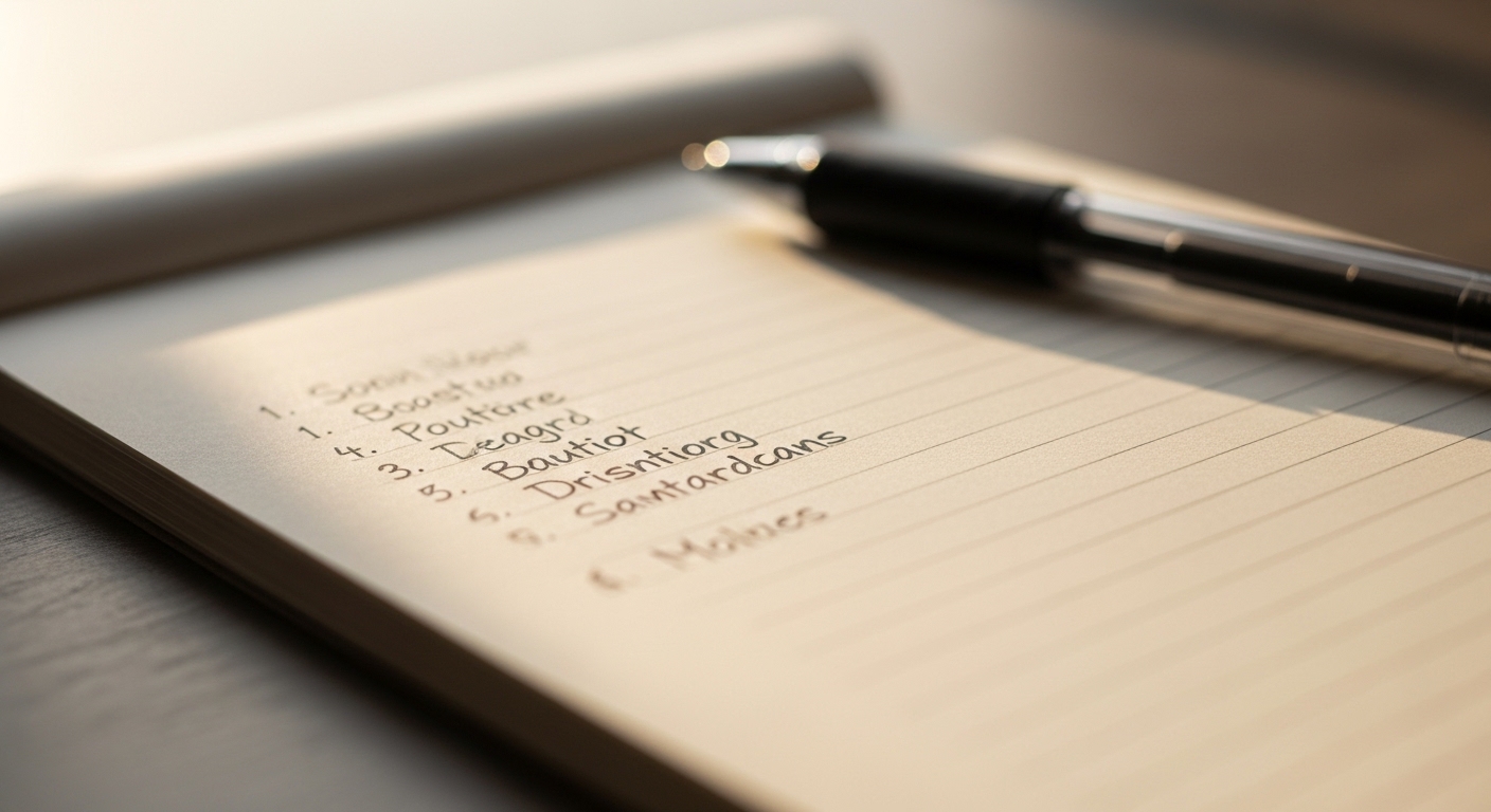 Handwritten goal list on notepad with pen
