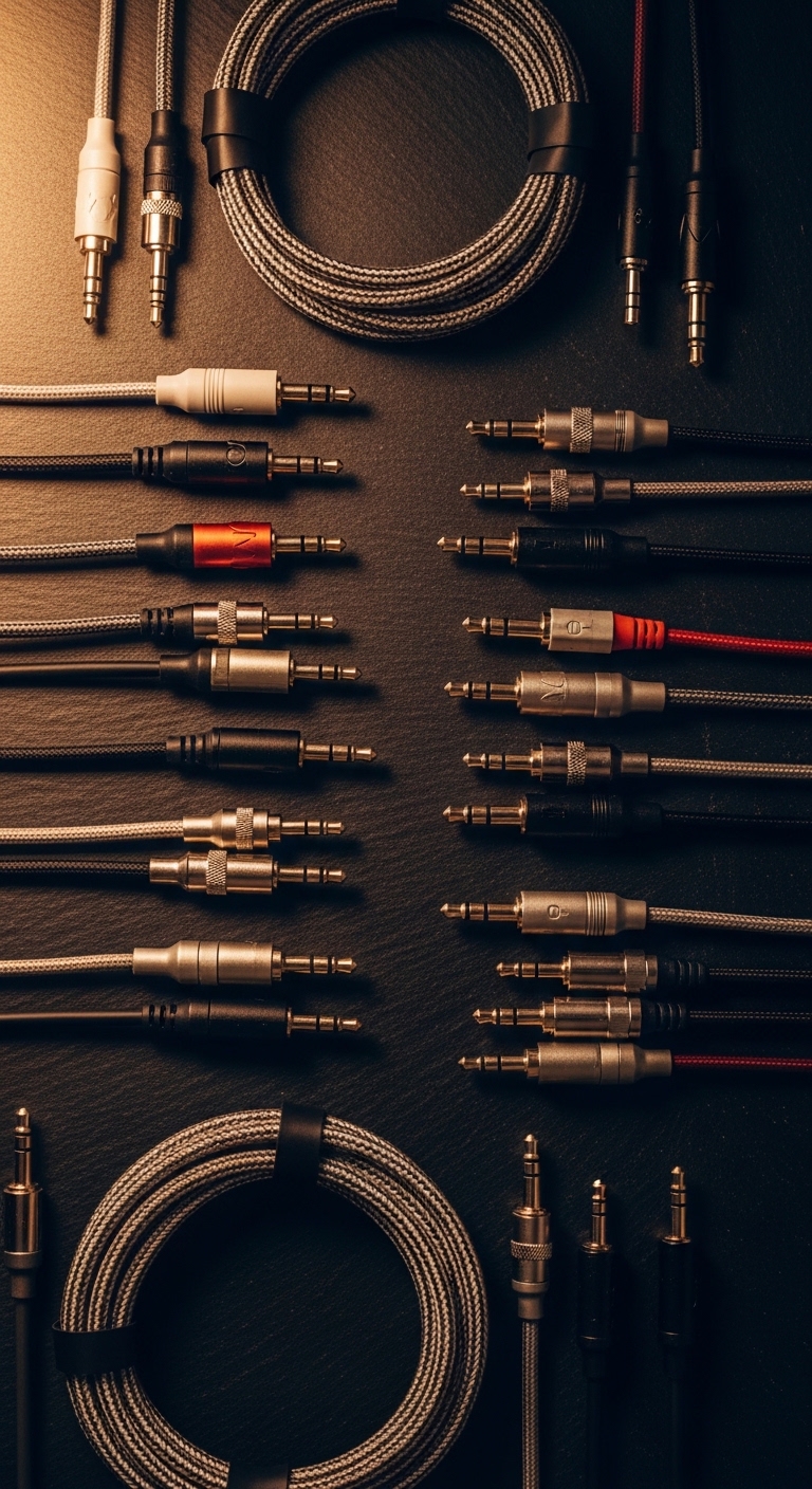 Koleksi kabel audio jack 2.5mm dan 3.5mm di permukaan gelap