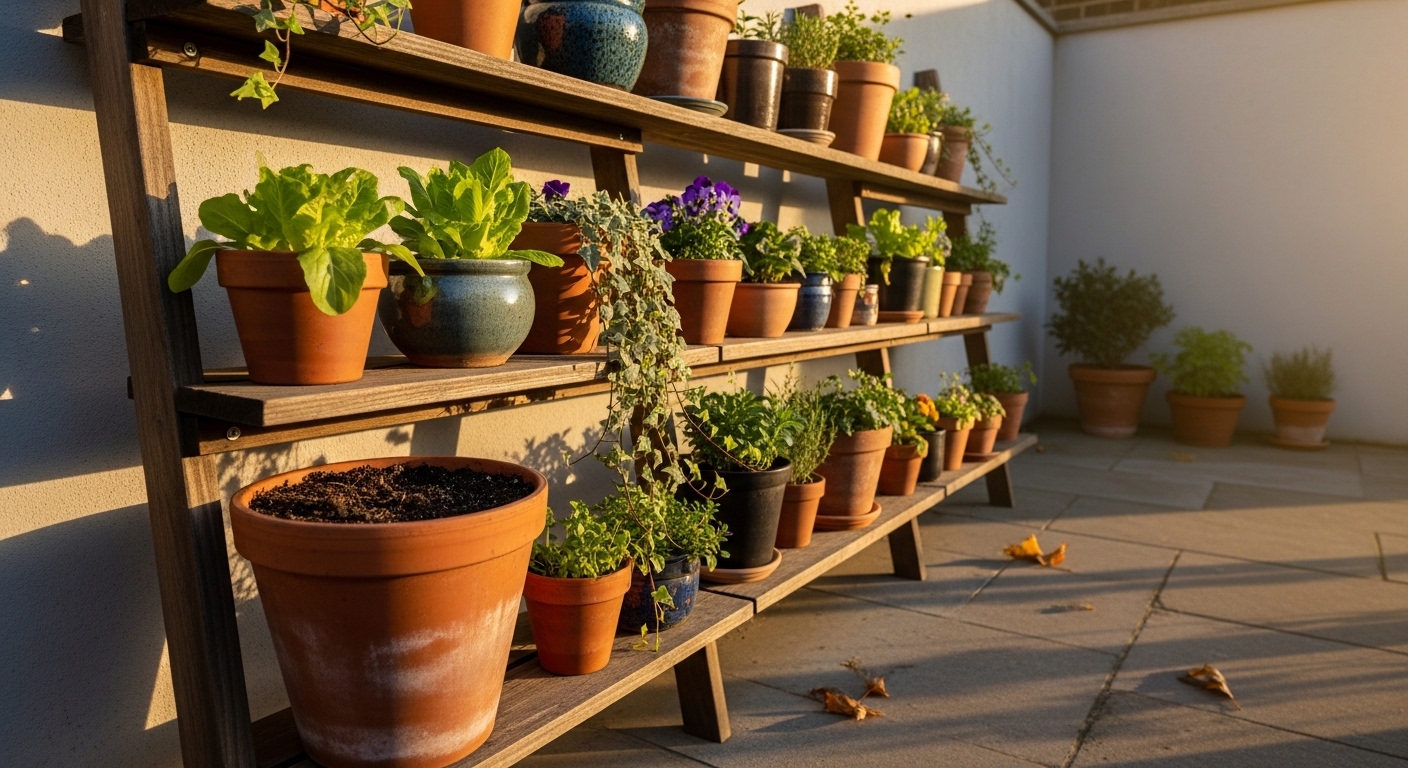 Tiered ladder shelf garden in a small urban courtyard with seasonal mixed plantings