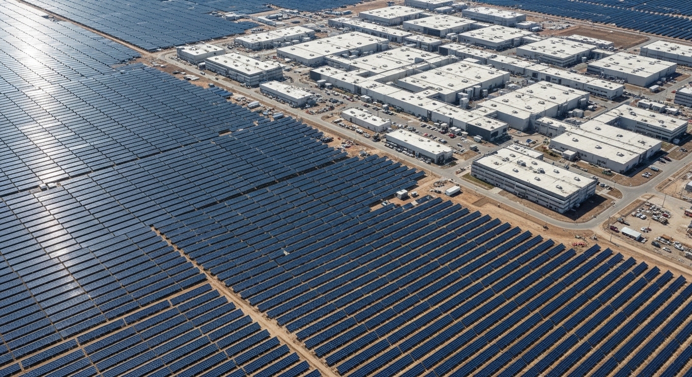 Overhead view of solar panels next to data center