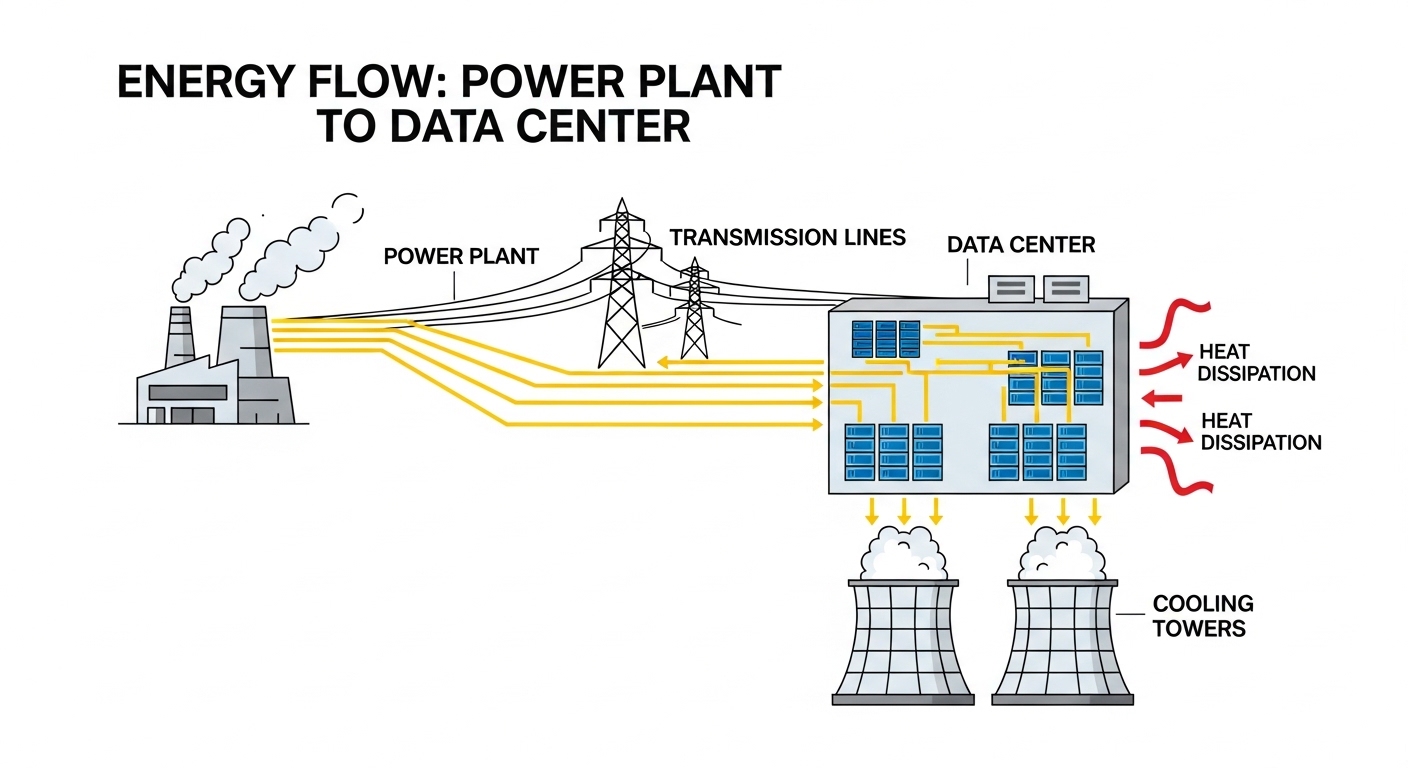 Diagram of energy flow from power plant to data center