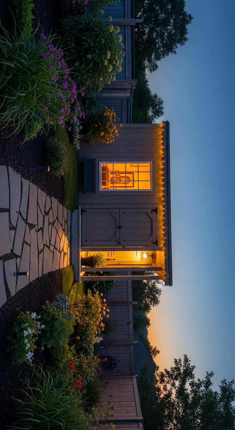 Shed home office glowing warmly at dusk in garden