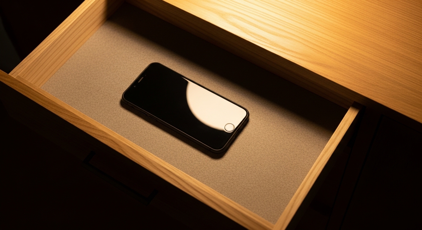 Smartphone placed inside wooden drawer being closed