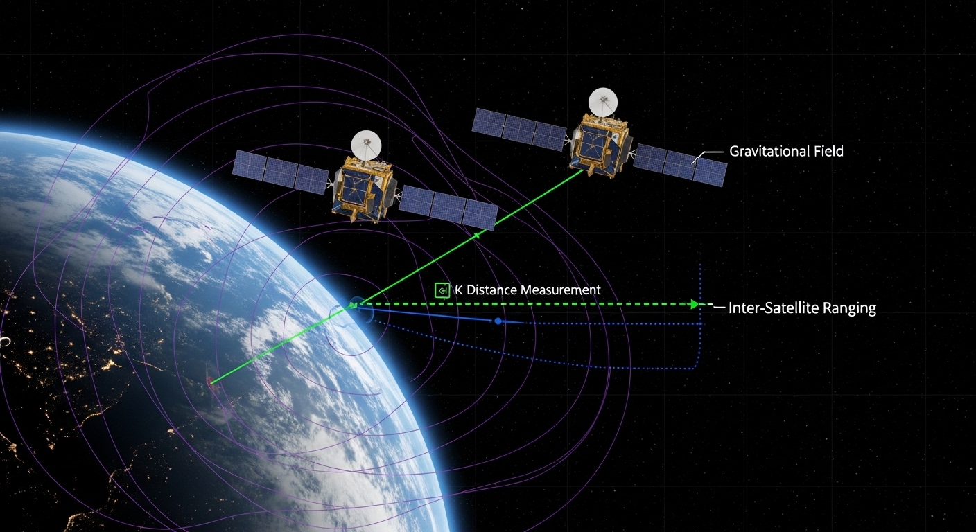 Diagram of twin satellites measuring Earth's gravity field