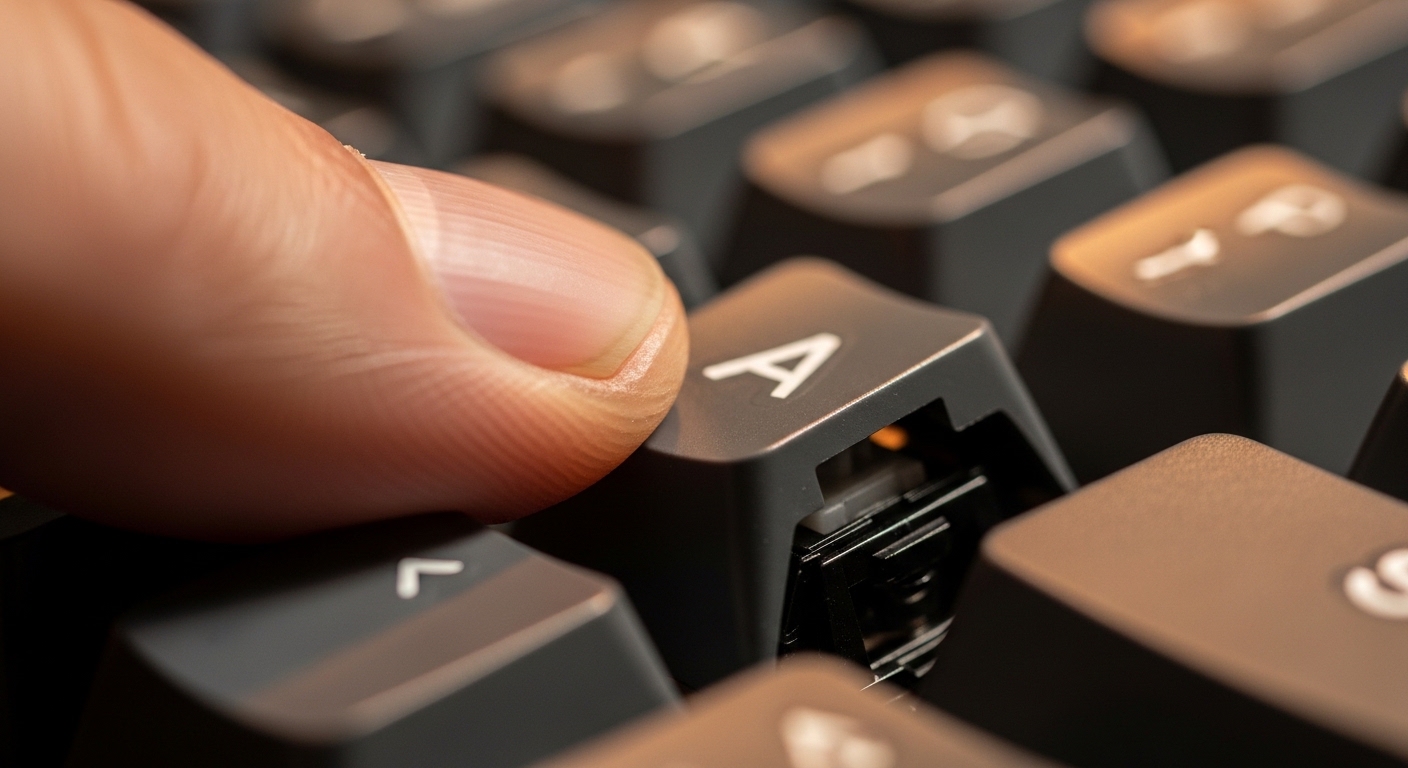 Fingertip pressing mechanical keyboard key close-up