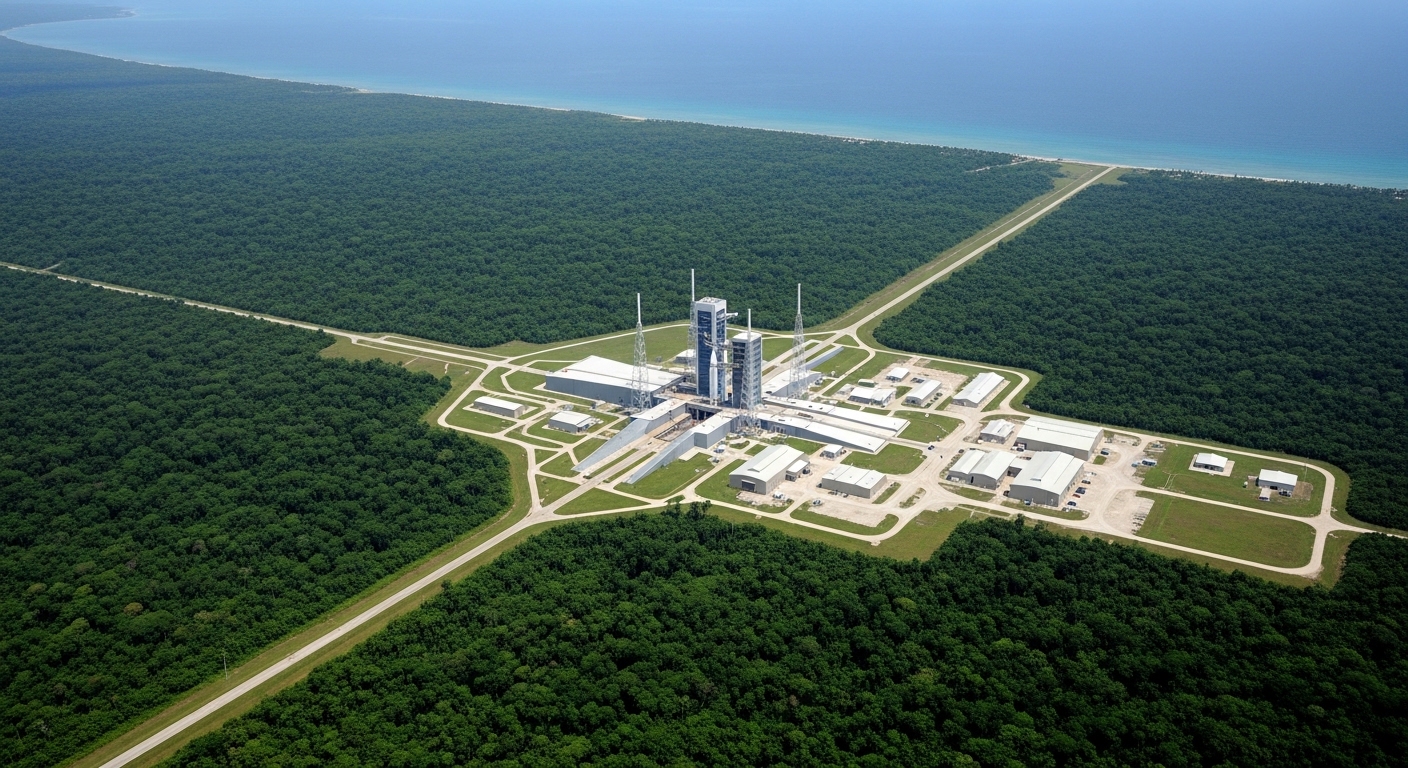 Overhead view of equatorial rocket launch facility