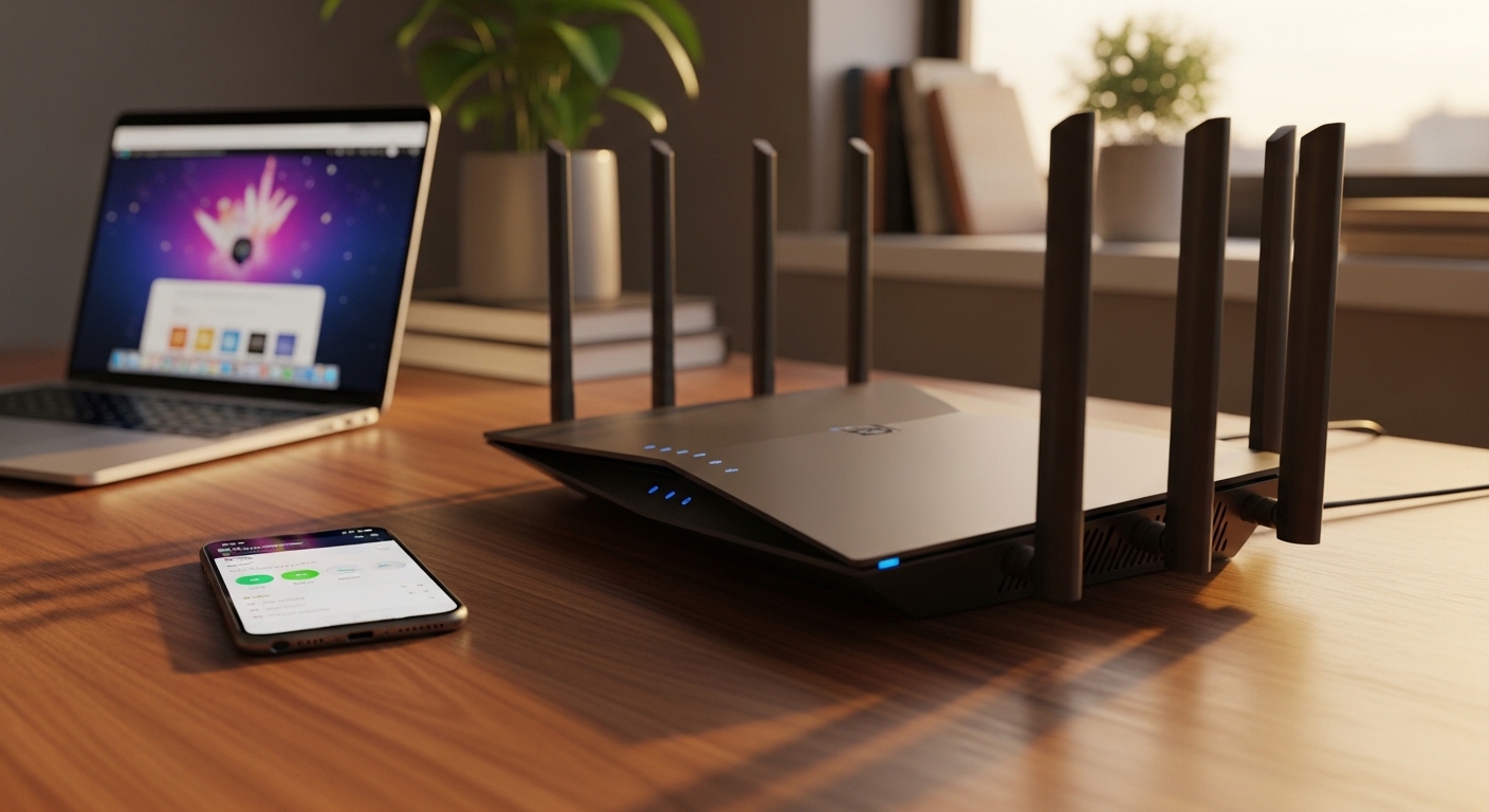 Roteador Wi-Fi 7 em ambiente doméstico ao lado de laptop e smartphone