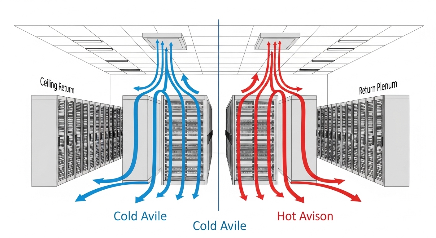 Diagramme des flux d'air chaud et froid dans un data center