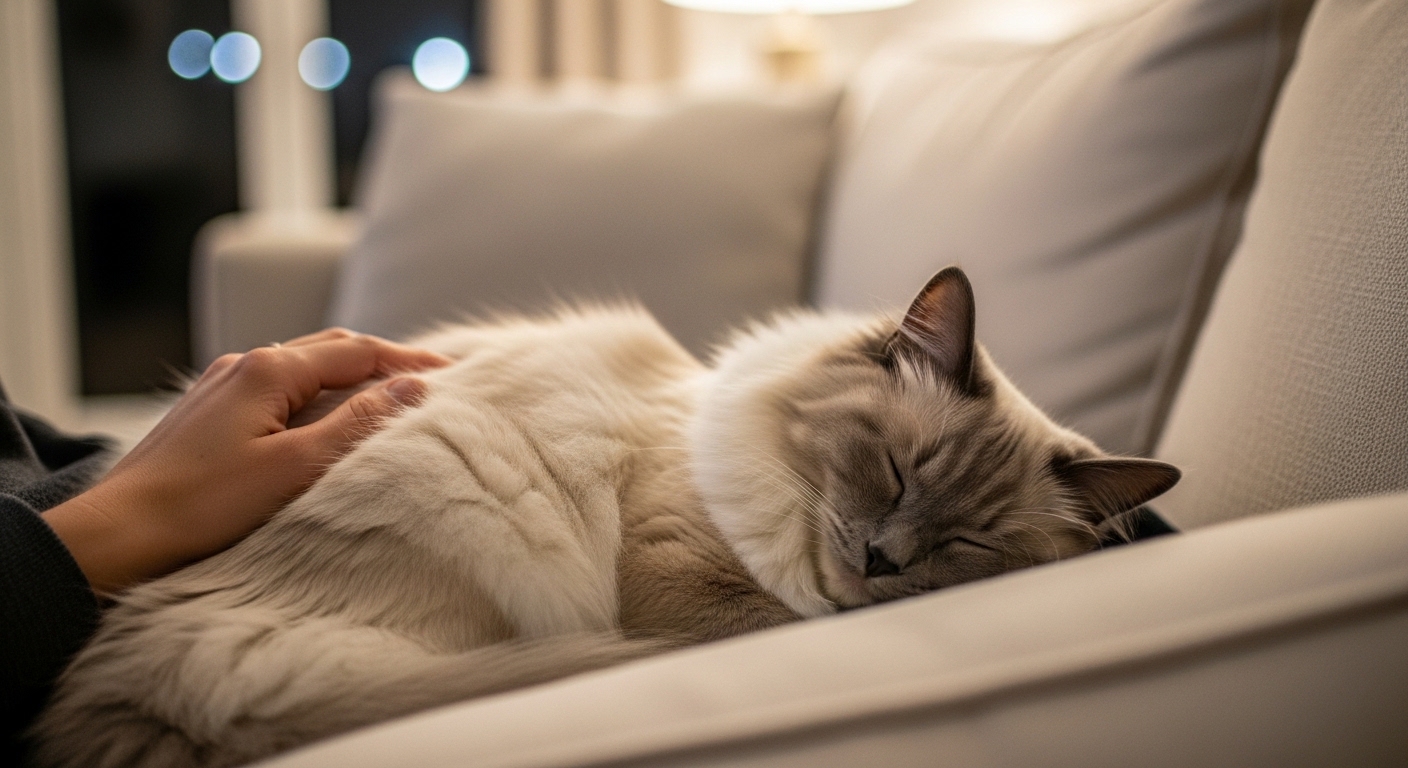 Ragdoll cat curled on owner's lap on cozy sofa