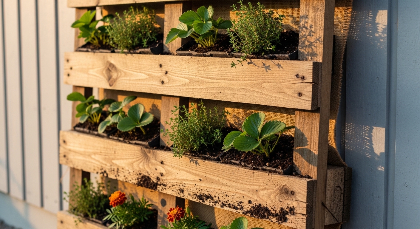 Reclaimed wooden pallet vertical garden with strawberries, thyme, and marigolds