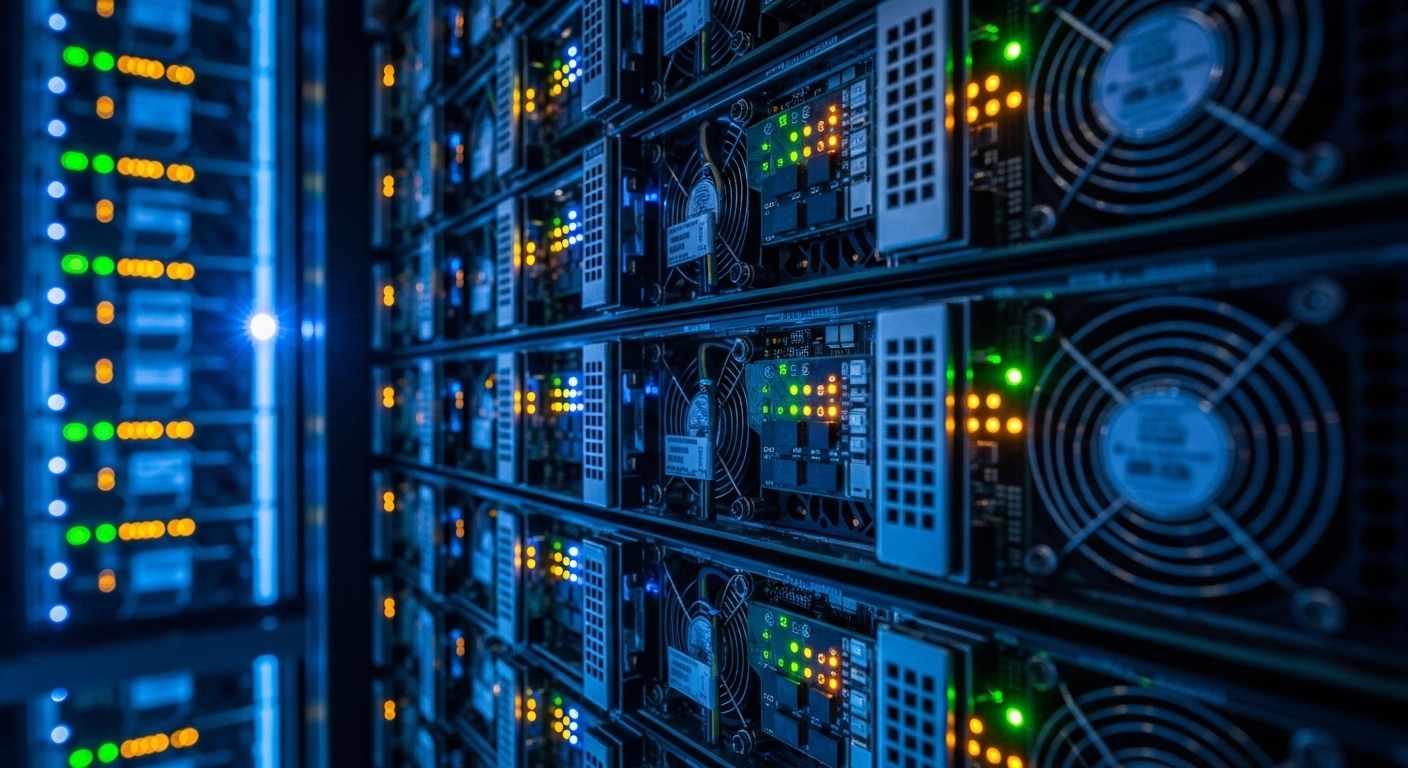 Close-up of GPU server blades in data center rack