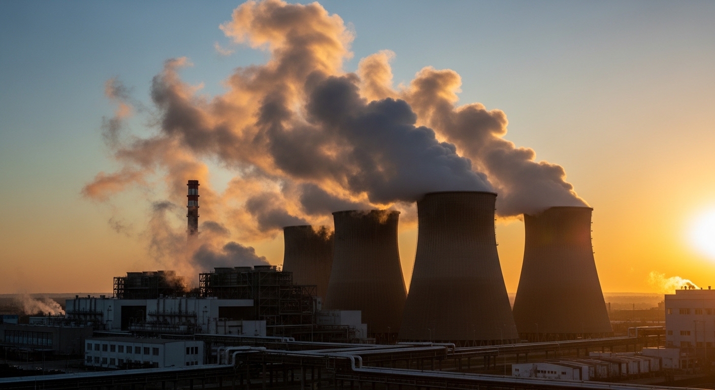 Cooling towers releasing steam at data center facility