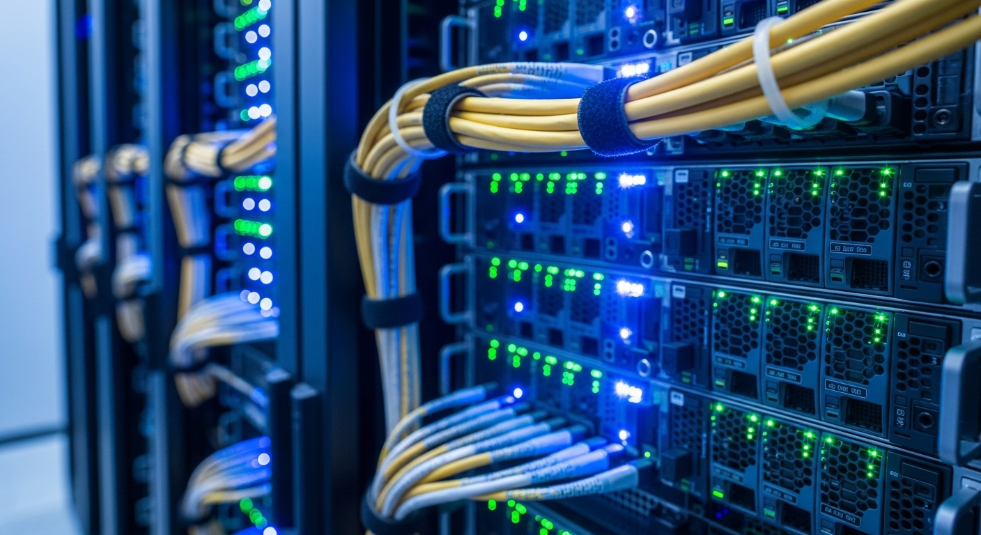 Rangées de serveurs dans un data center avec câblage dense