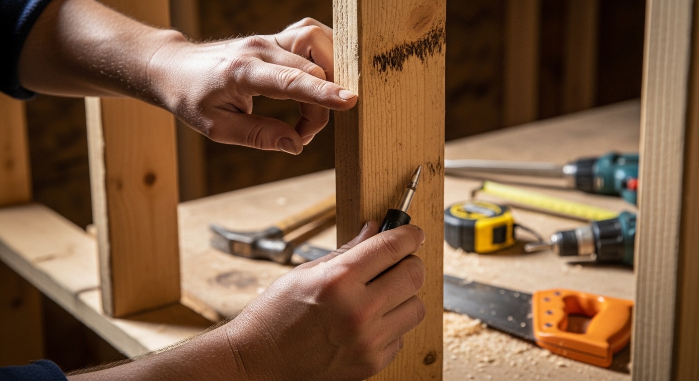 Close-up inspection of shed timber framing for rot