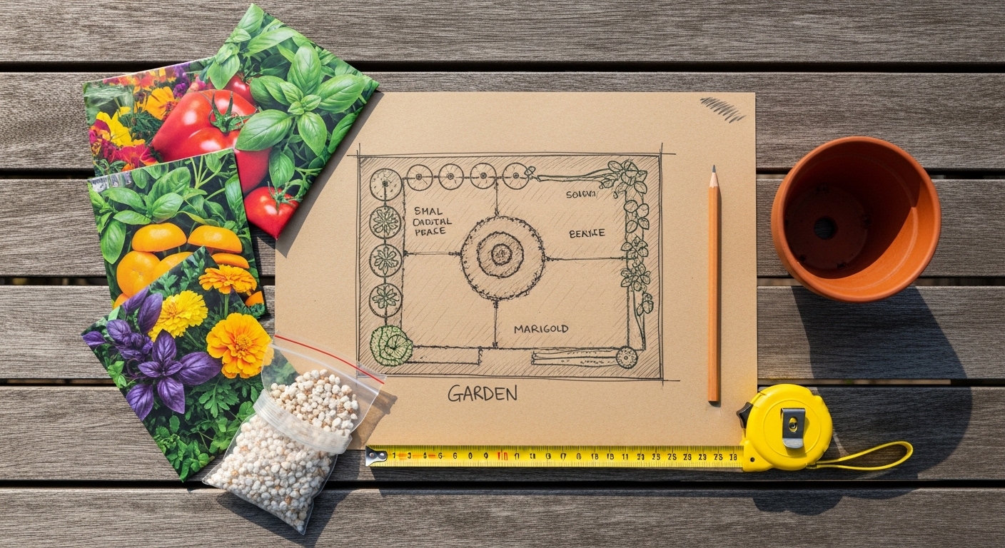 Hand-drawn vertical garden layout sketch surrounded by gardening supplies on wood table