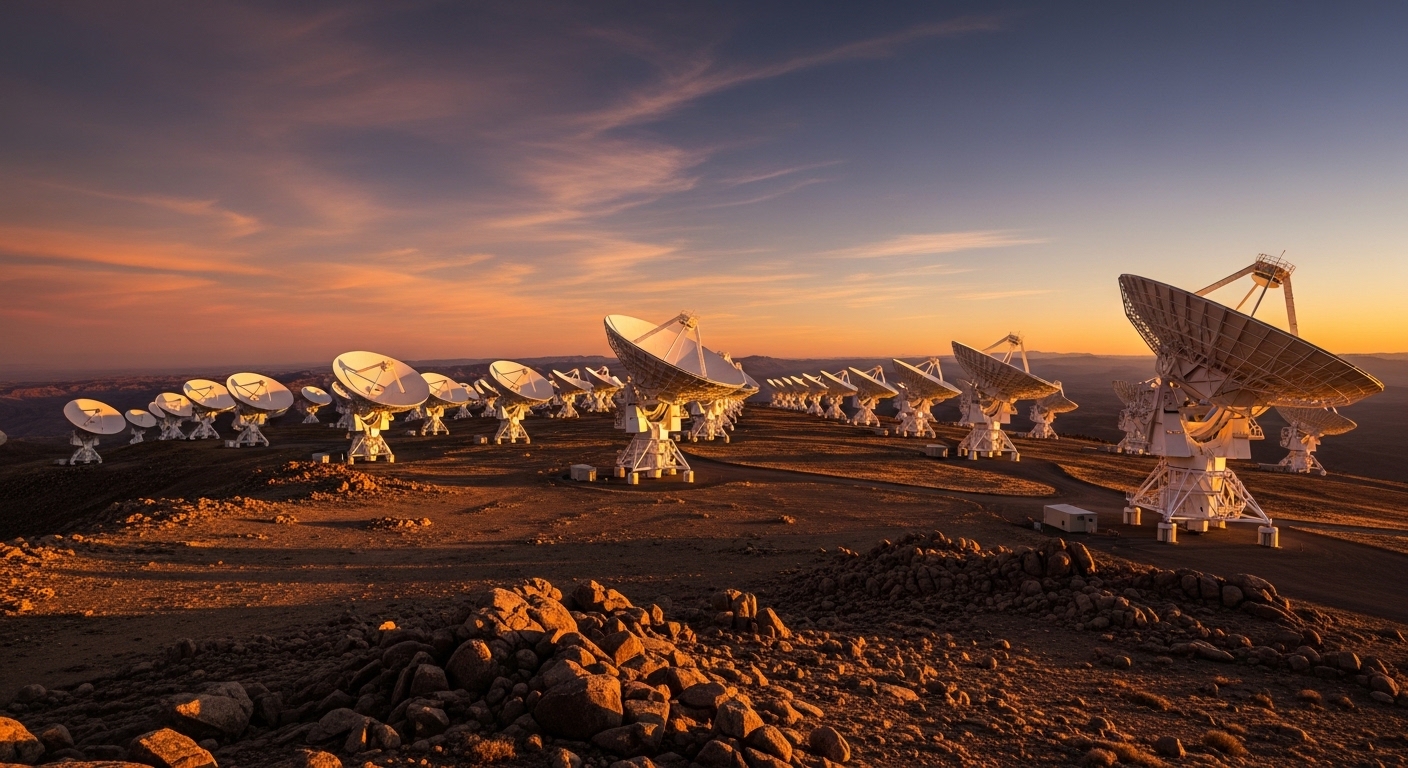 Radio telescope array at dusk on high plateau