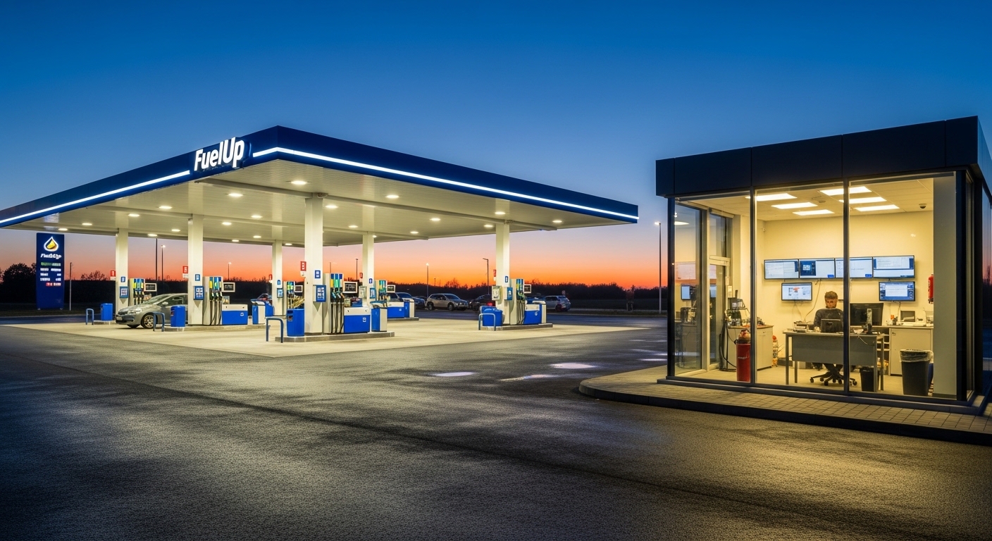 セルフガソリンスタンドの全景、夕暮れ時