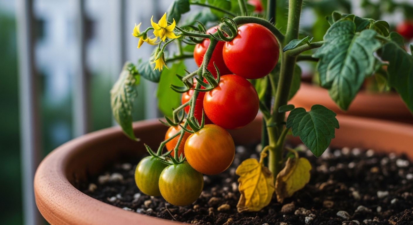 Close-up of ripe cherry tomatoes on a compact balcony pot plant