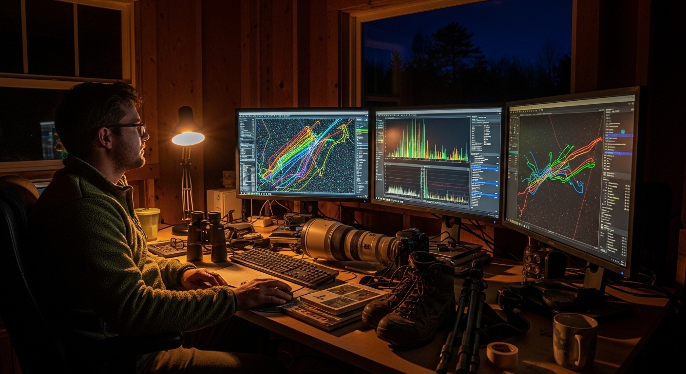 Researcher monitoring animal GPS tracking data at field station