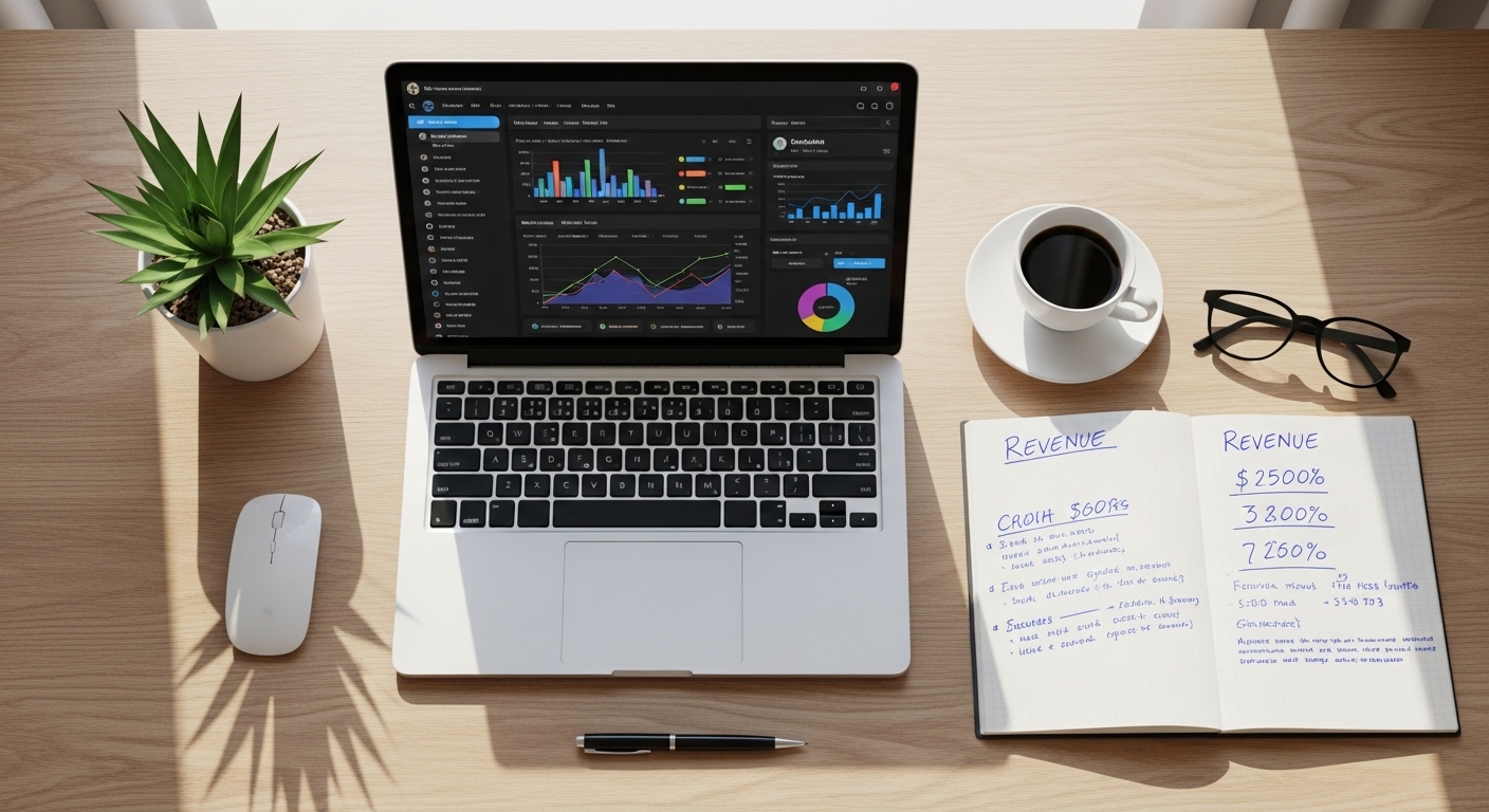 Overhead desk with social media analytics and revenue notes