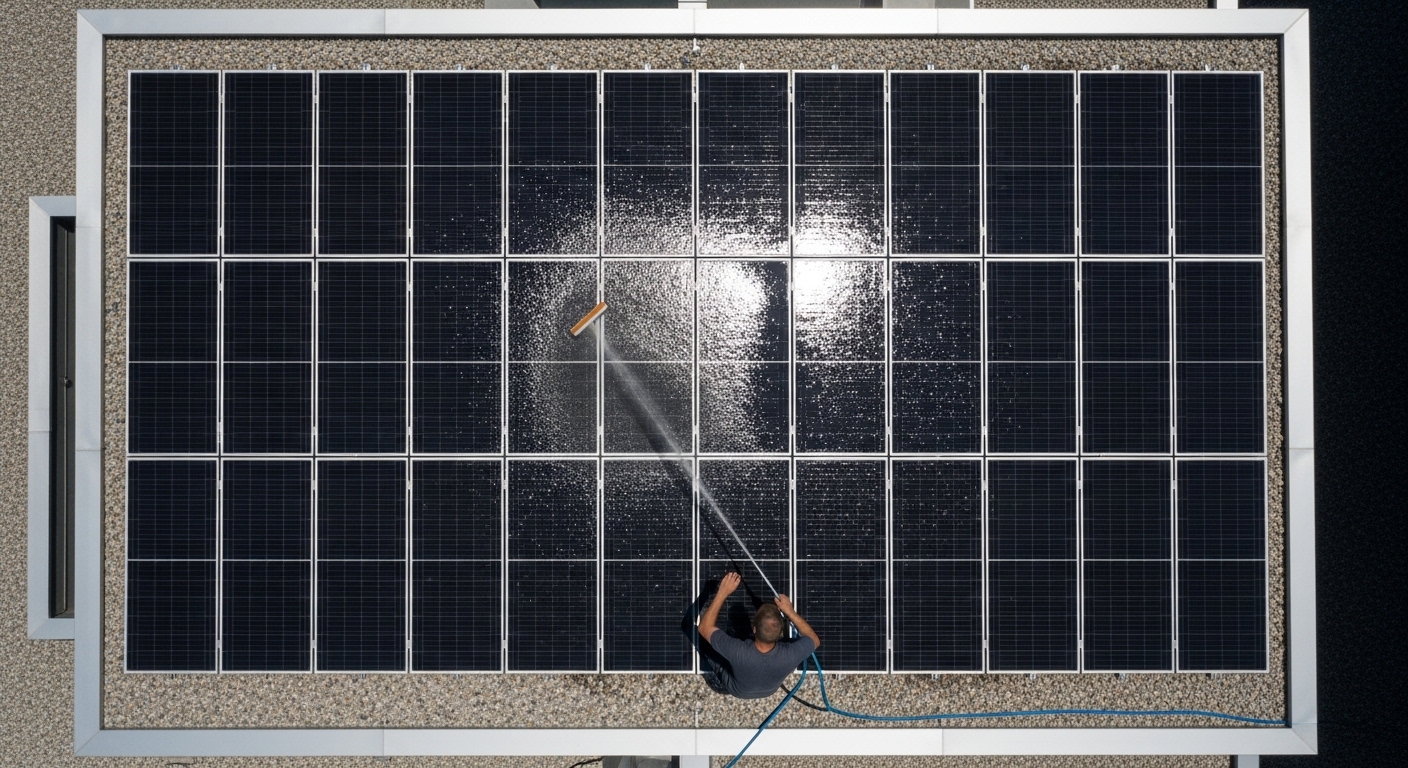 Nettoyage de panneaux solaires sur un toit vu du dessus