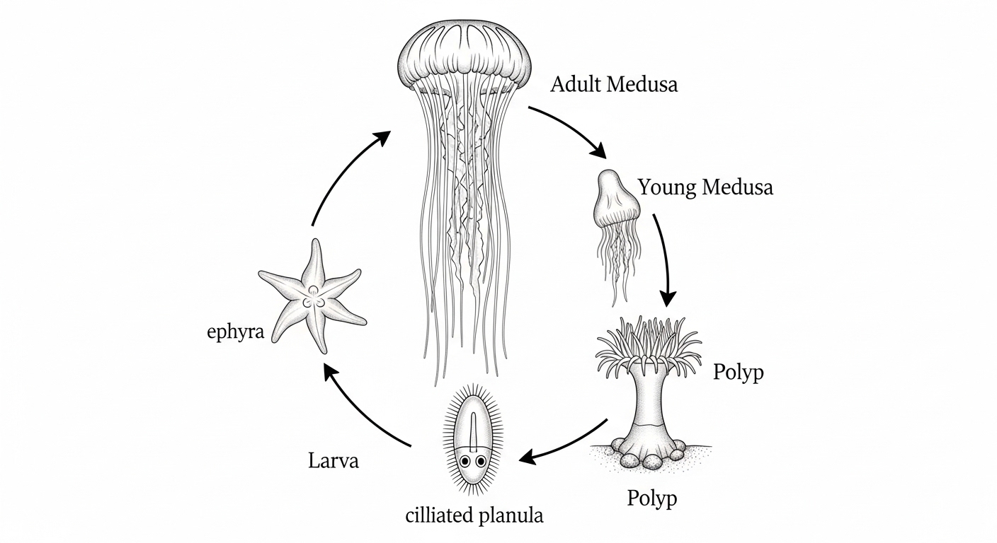 Diagramme du cycle de vie d'une méduse avec boucle de rajeunissement