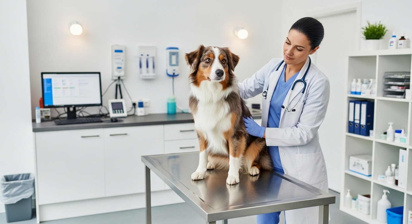 Australian Shepherd being examined at a veterinary clinic